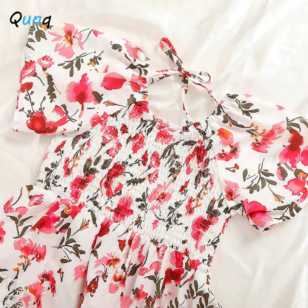 Qunq Summer Parent-Child Sweet Dress - Fashion Print with Ruffle Sleeves