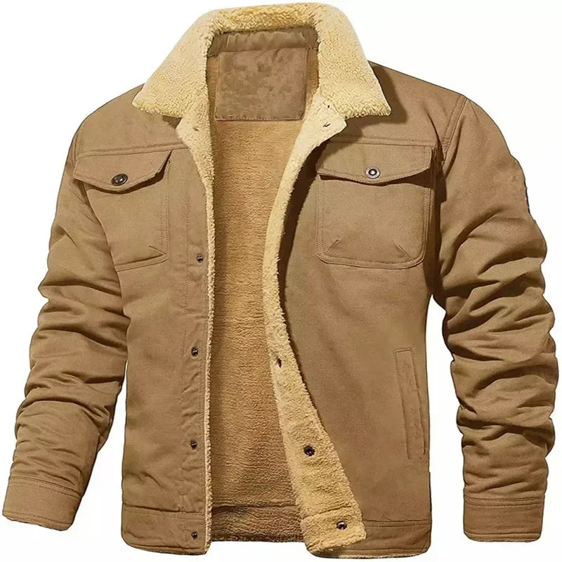 Plush Wool Men's Bomber Jacket - Lapel Button-Up Thick Warm Coat