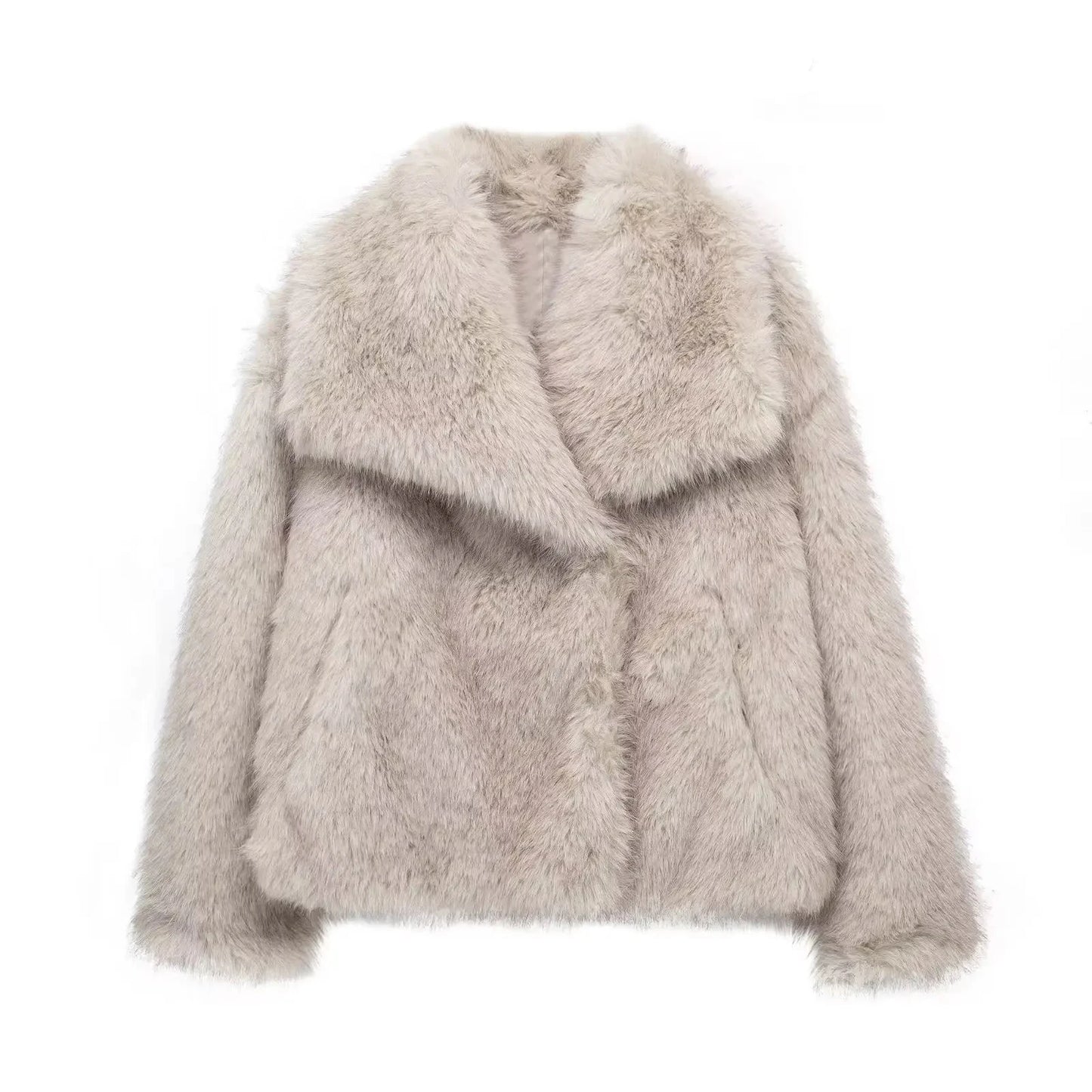 Chic Cropped Faux Fur Jacket with Snap-button and Lapel Collar