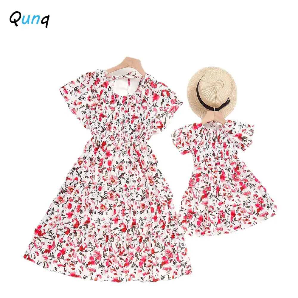 Qunq Summer Parent-Child Sweet Dress - Fashion Print with Ruffle Sleeves