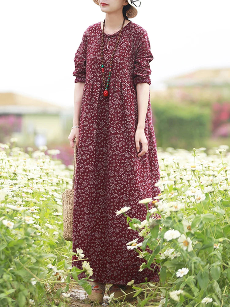 ZANZEA Vintage Floral Maxi Dress - Casual Long Sleeve Sundress with Hollow Details