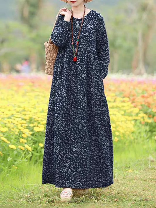 ZANZEA Vintage Floral Maxi Dress - Casual Long Sleeve Sundress with Hollow Details