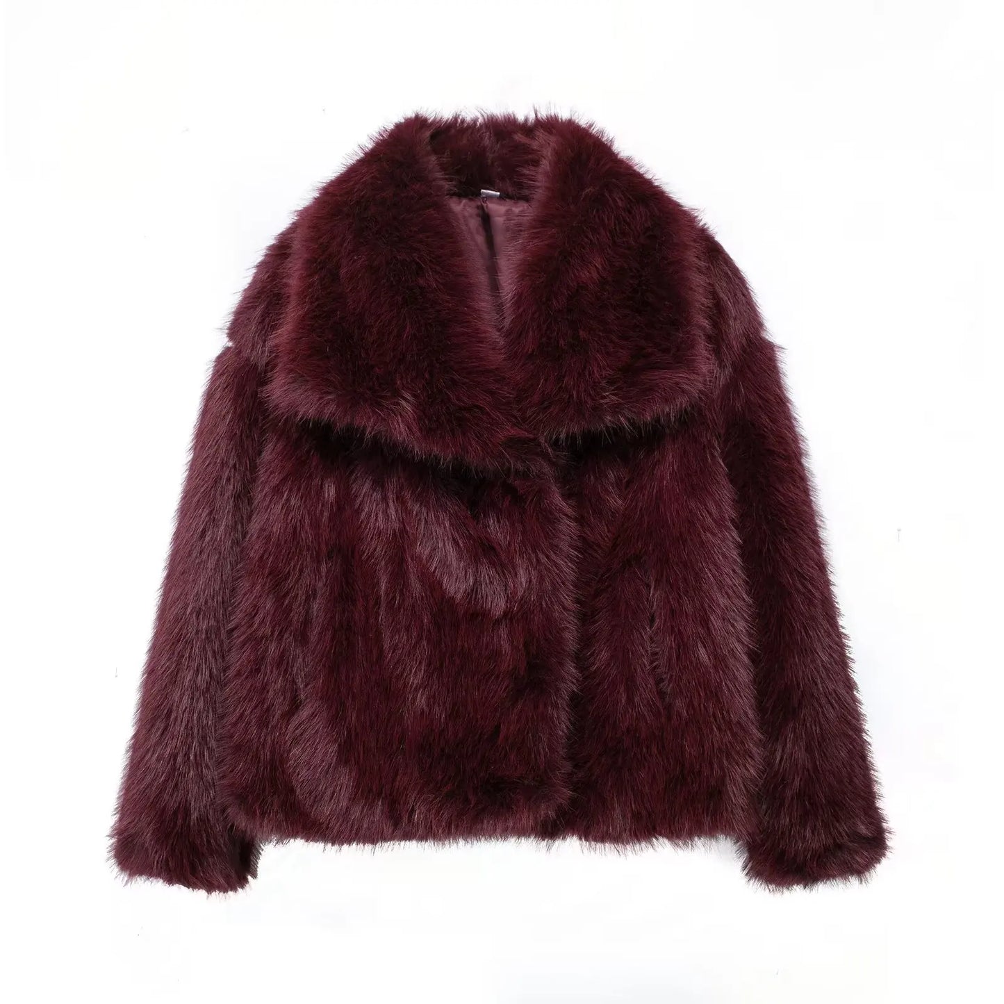 Chic Cropped Faux Fur Jacket with Snap-button and Lapel Collar