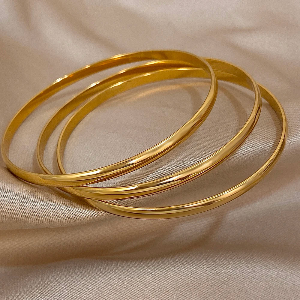 Elegant Trio: 18K Gold Plated Stainless Steel Bangle Set - Waterproof & Minimalist