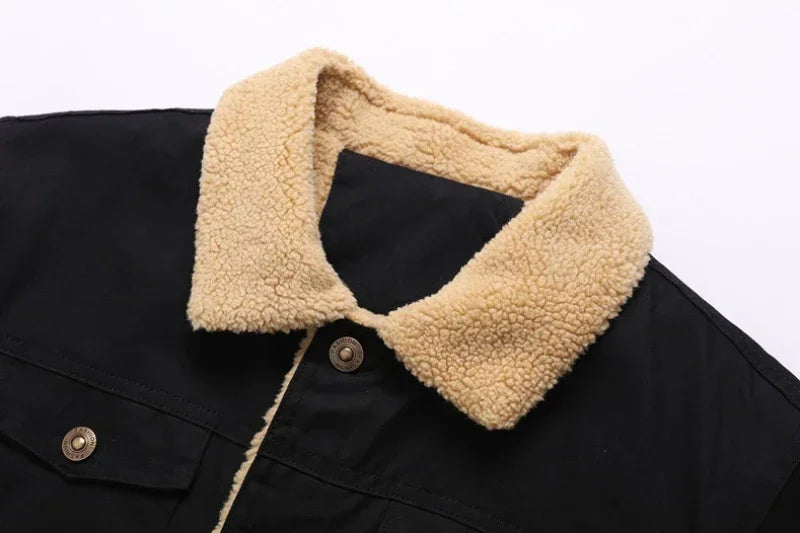 Plush Wool Men's Bomber Jacket - Lapel Button-Up Thick Warm Coat