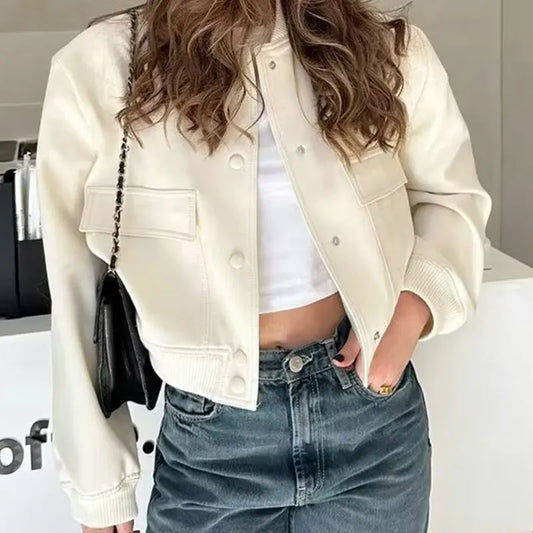 2024 White Bomber Jacket – Cropped Baseball Aviator Coat