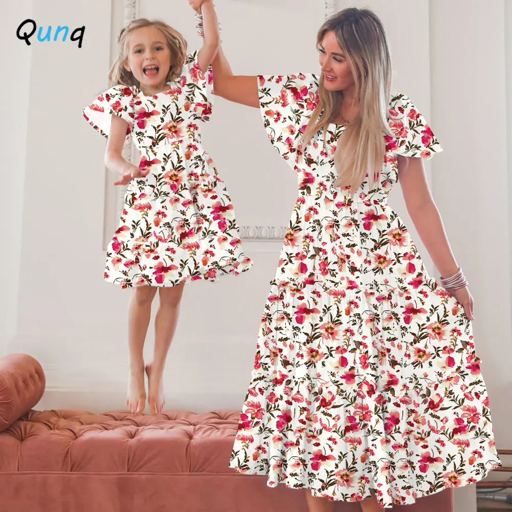 Qunq Summer Parent-Child Sweet Dress - Fashion Print with Ruffle Sleeves