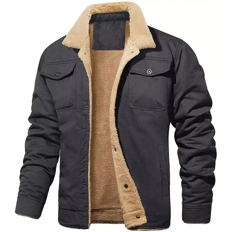 Plush Wool Men's Bomber Jacket - Lapel Button-Up Thick Warm Coat