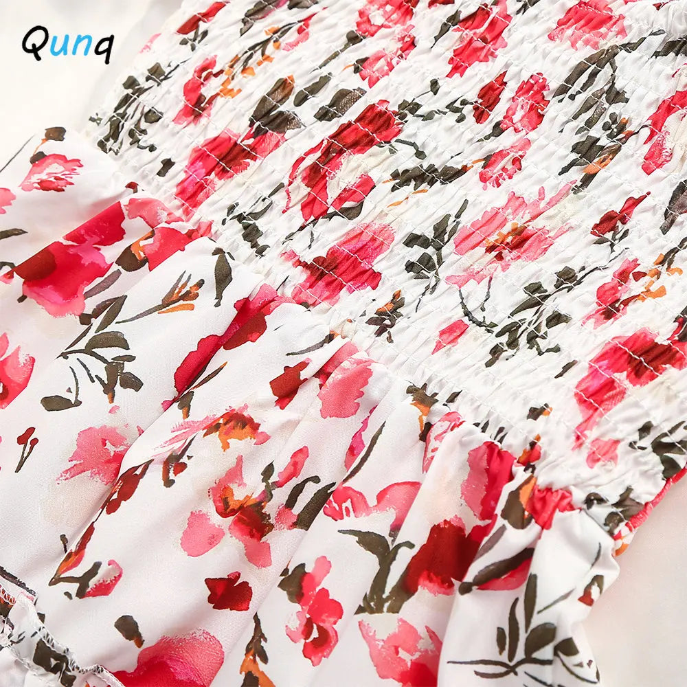 Qunq Summer Parent-Child Sweet Dress - Fashion Print with Ruffle Sleeves