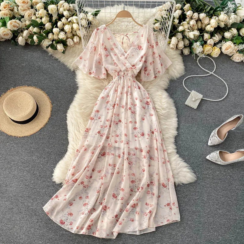 Retro Floral Ruffle Chiffon Midi Dress - A-Line V-Neck for Beach & Summer