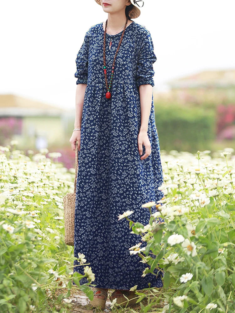 ZANZEA Vintage Floral Maxi Dress - Casual Long Sleeve Sundress with Hollow Details