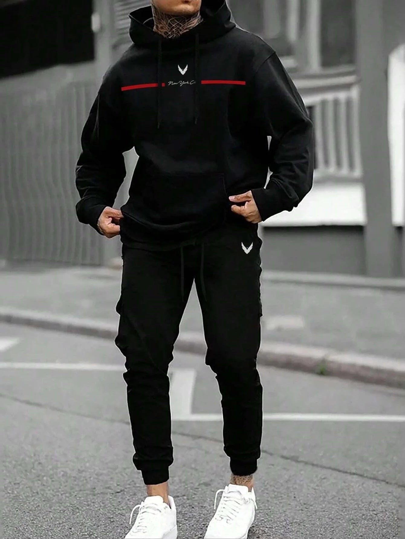 Autumn Winter Unisex Two-Piece Tracksuit - Hooded Pullover & Drawstring Pants