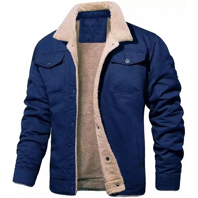 Plush Wool Men's Bomber Jacket - Lapel Button-Up Thick Warm Coat