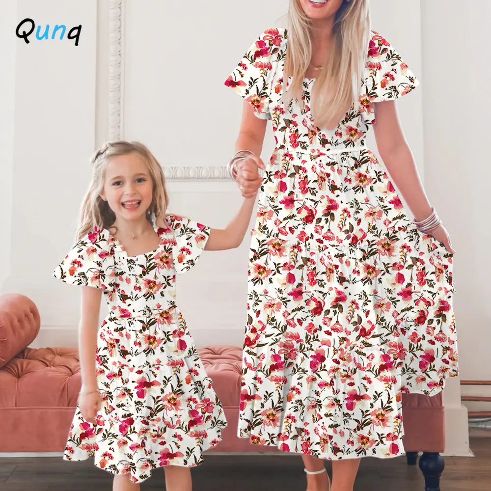 Qunq Summer Parent-Child Sweet Dress - Fashion Print with Ruffle Sleeves