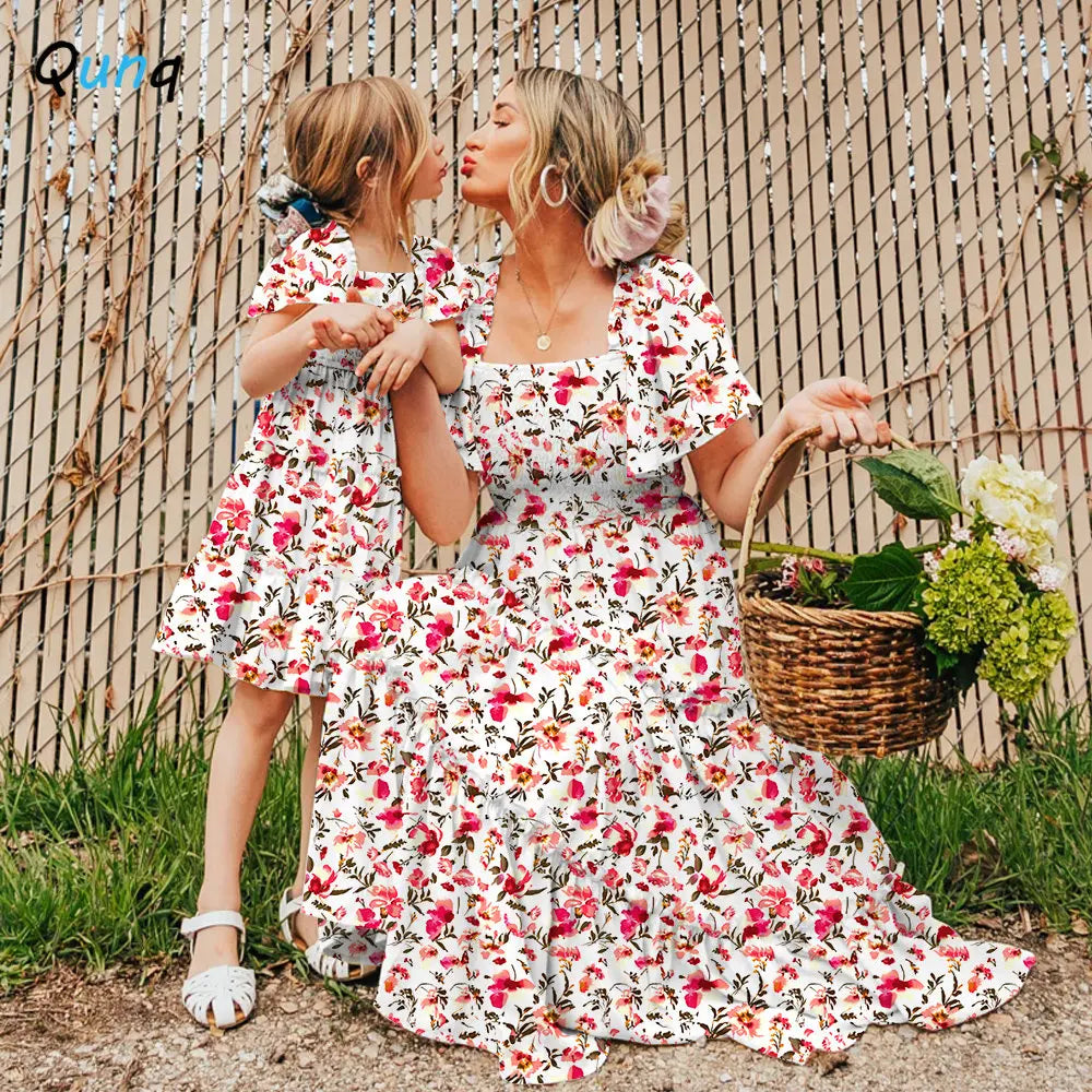 Qunq Summer Parent-Child Sweet Dress - Fashion Print with Ruffle Sleeves