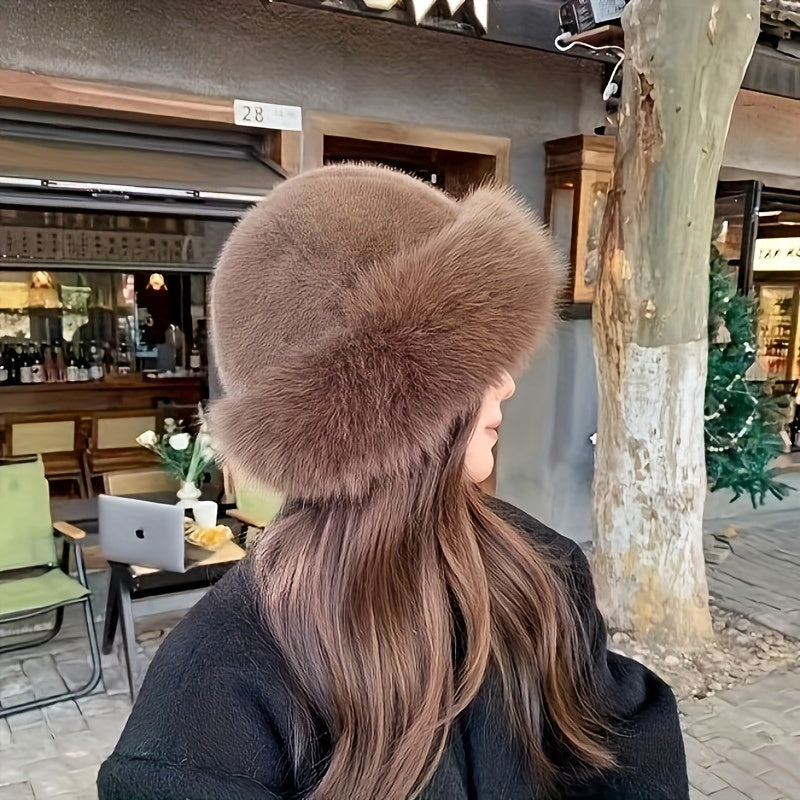 Women's Winter Solid Color Faux Fur Hat Warm Plush Coldproof Cossack Hat Stylish Eye Catching Short Length