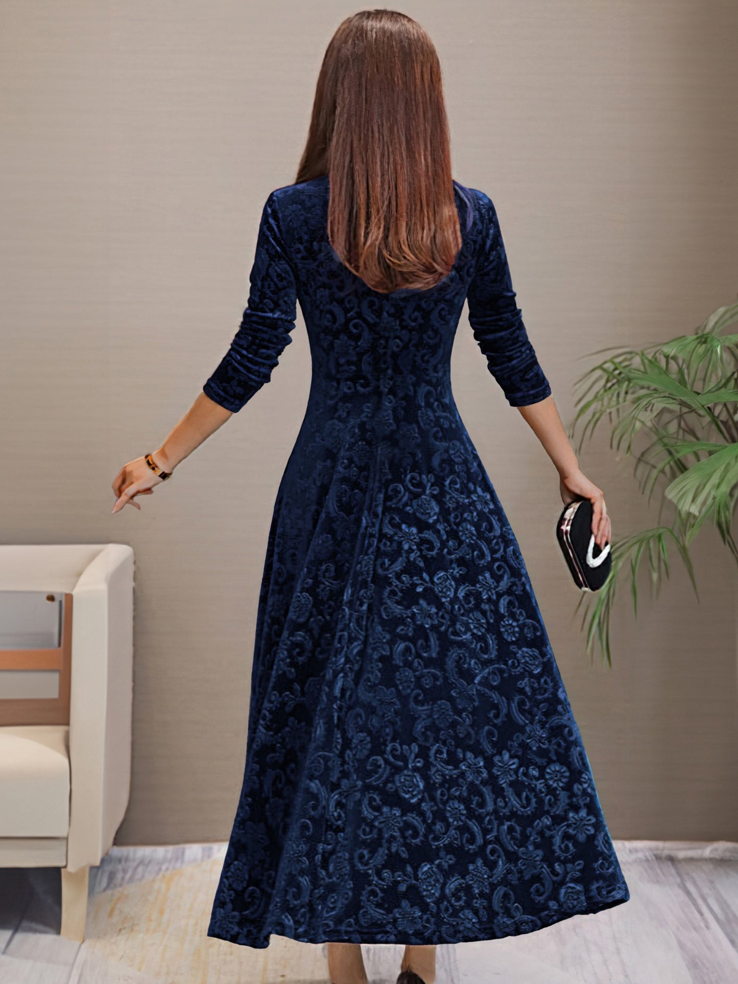 Elegant V Neck Flared Solid Color Long Sleeve Dress for Women Spring Fall Style