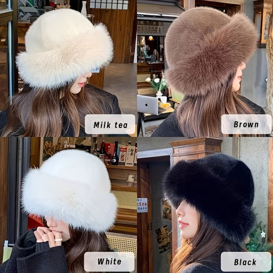 Women's Winter Solid Color Faux Fur Hat Warm Plush Coldproof Cossack Hat Stylish Eye Catching Short Length