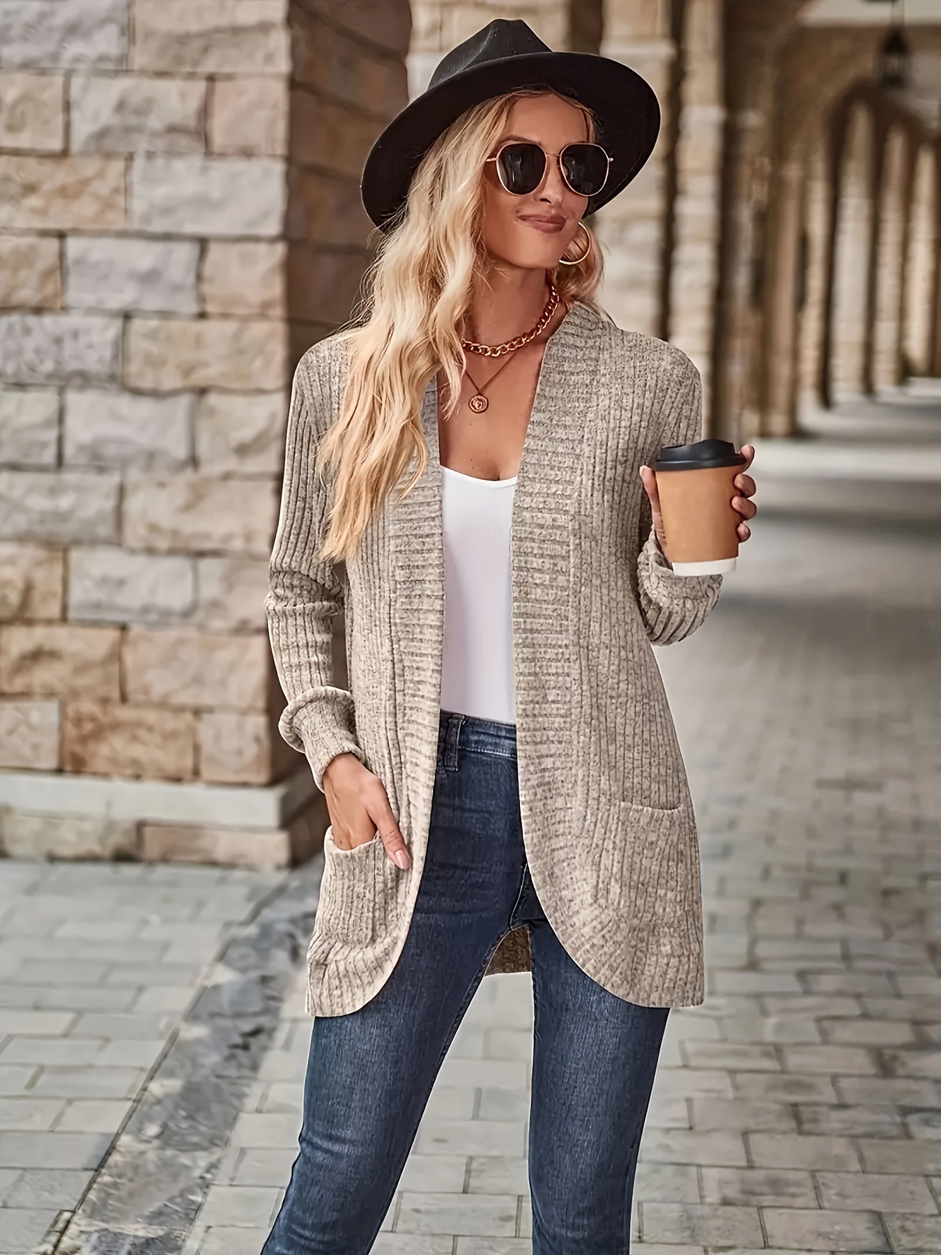 Solid Color Open Front Cardigan with Pockets - Versatile Long Sleeve