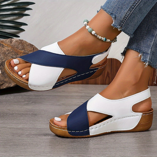 Contrast Color Wedge Sandals for Women - Peep Toe Slingback with Soft Sole