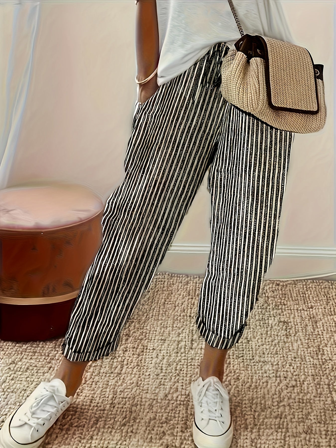 Striped Drawstring Pants with Slant Pockets - Casual Spring & Summer Wear for Women