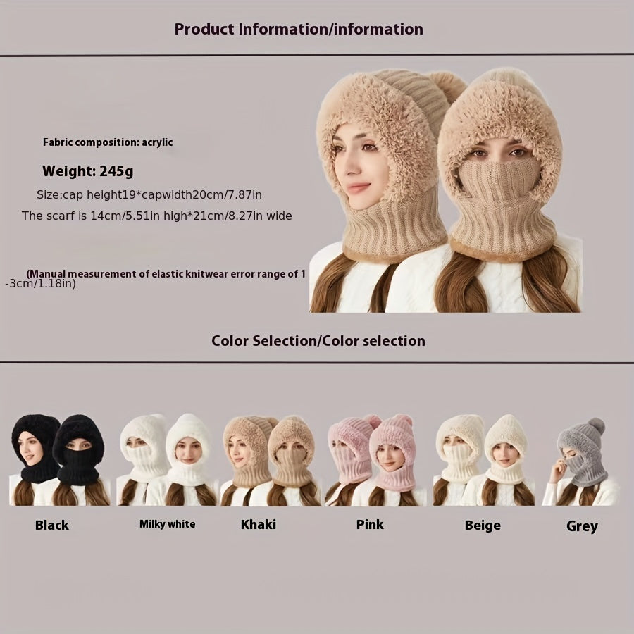 Winter Fleece-Lined Knit Hat with Earflap - Windproof Hooded Neck Gaiter for Outdoor Cycling