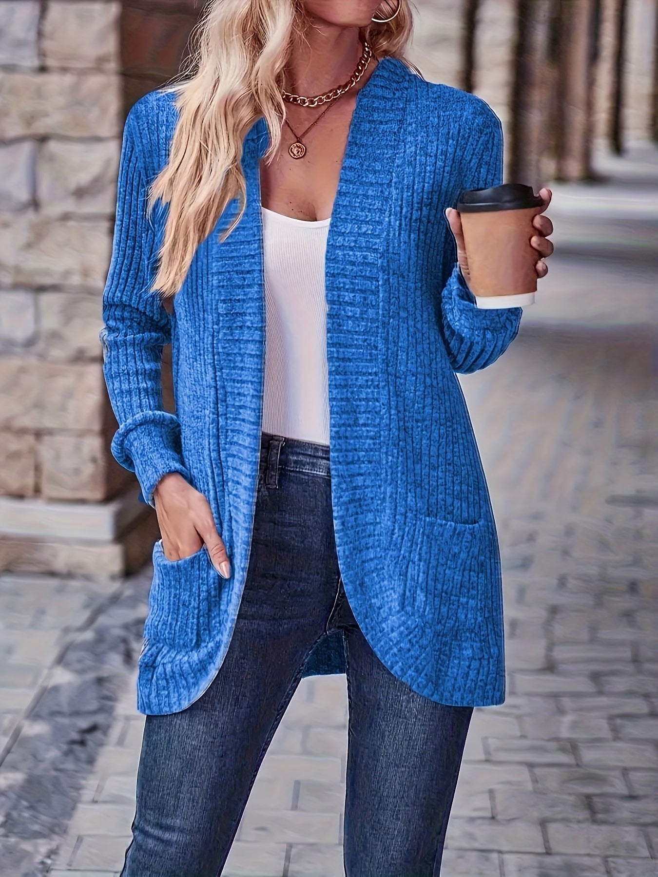 Solid Color Open Front Cardigan with Pockets - Versatile Long Sleeve