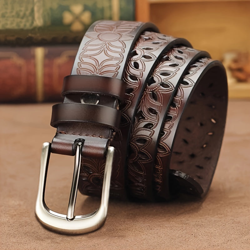 Genuine Leather Belt Needle Buckle Hollow Design Versatile Cowhide Belt for Women Fashionable Decoration