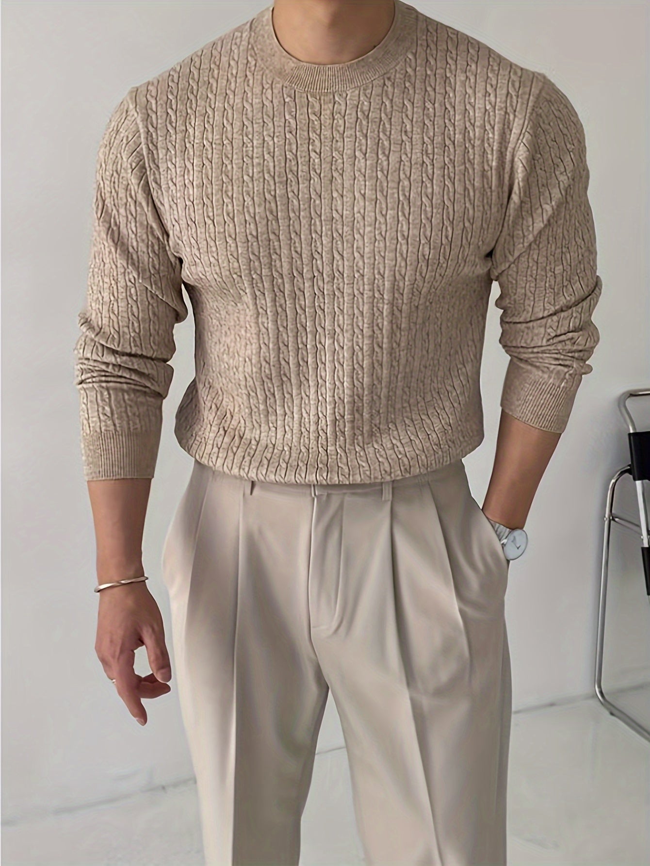 Men's Viscose Crew Neck Cable Knit Sweater