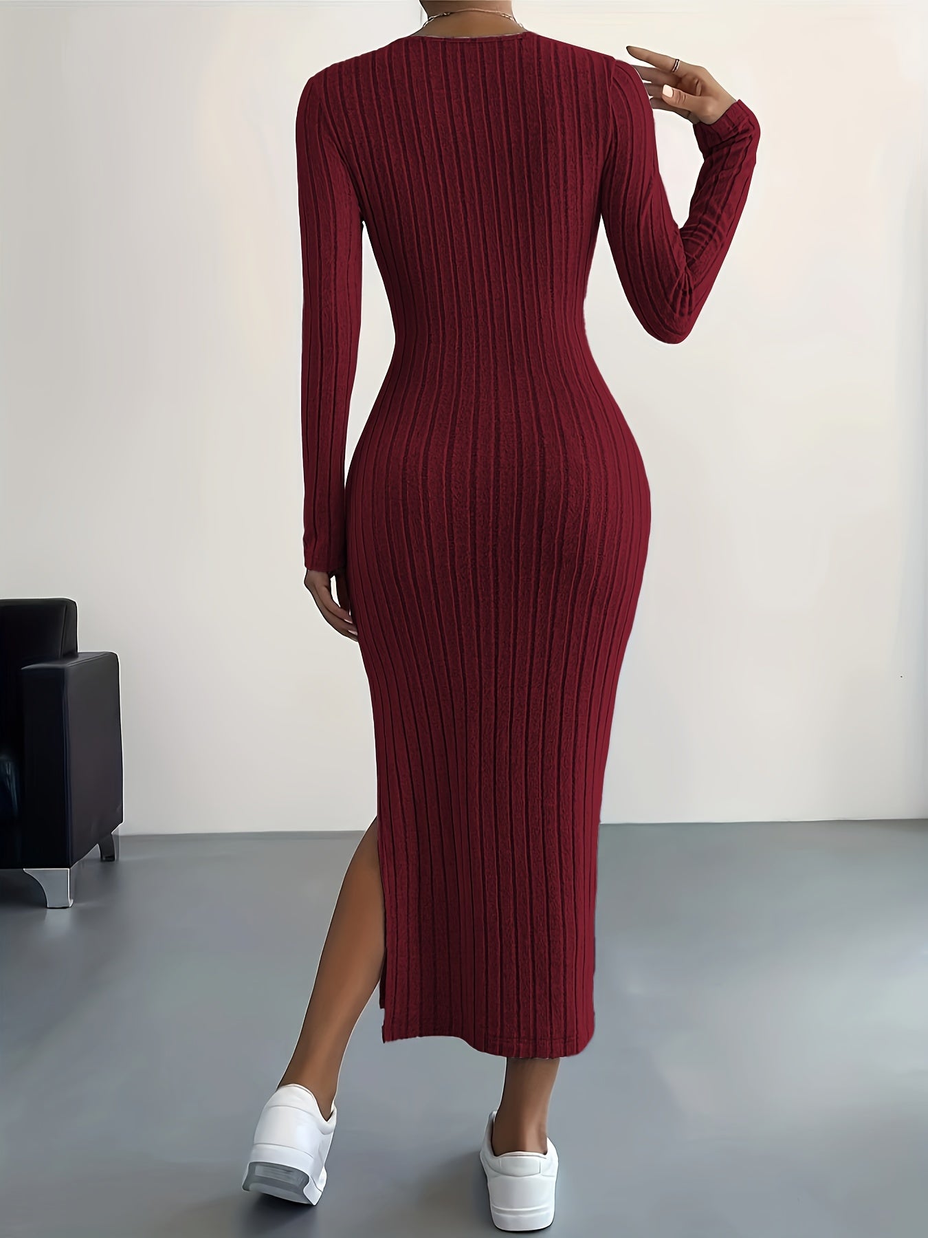 Ribbed Knit Long Sleeve Dress - Casual Crew Neck with Split Hem for Women