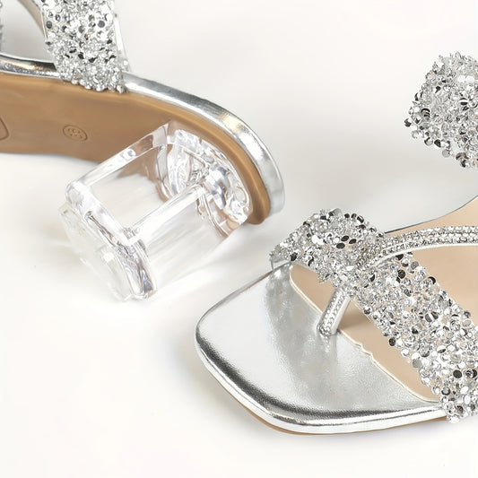 Summer Metallic High Heel Sandals for Women - Sparkling Rhinestone, Square Toe with Transparent PVC Band