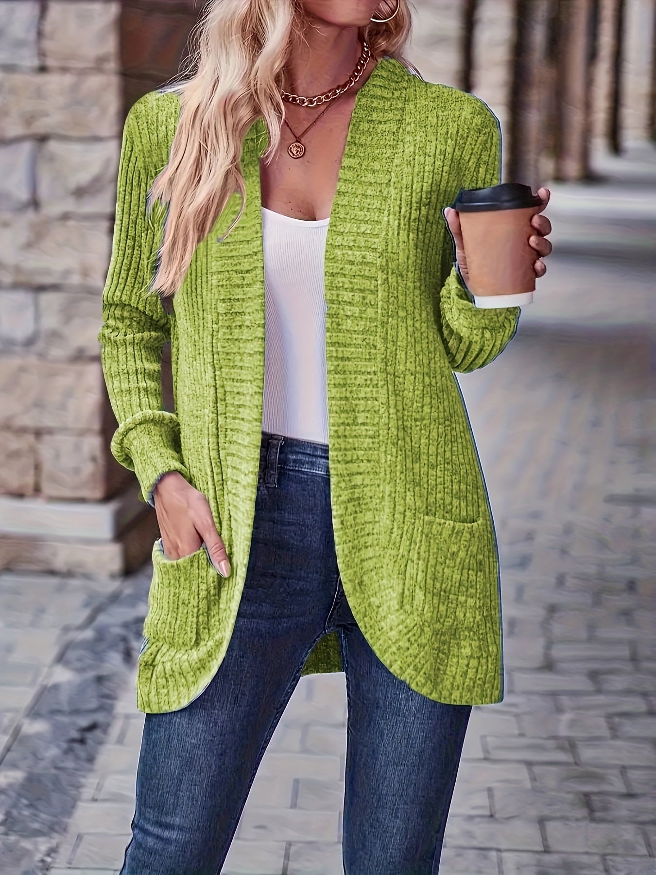 Solid Color Open Front Cardigan with Pockets - Versatile Long Sleeve