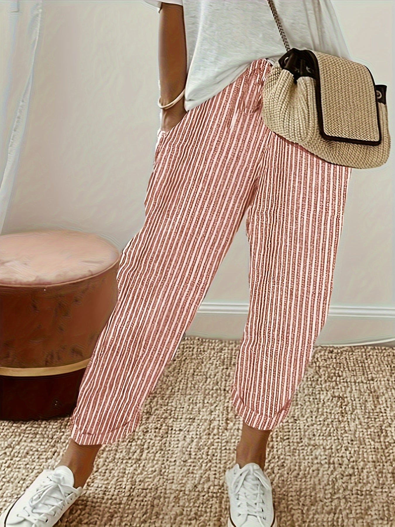 Striped Drawstring Pants with Slant Pockets - Casual Spring & Summer Wear for Women