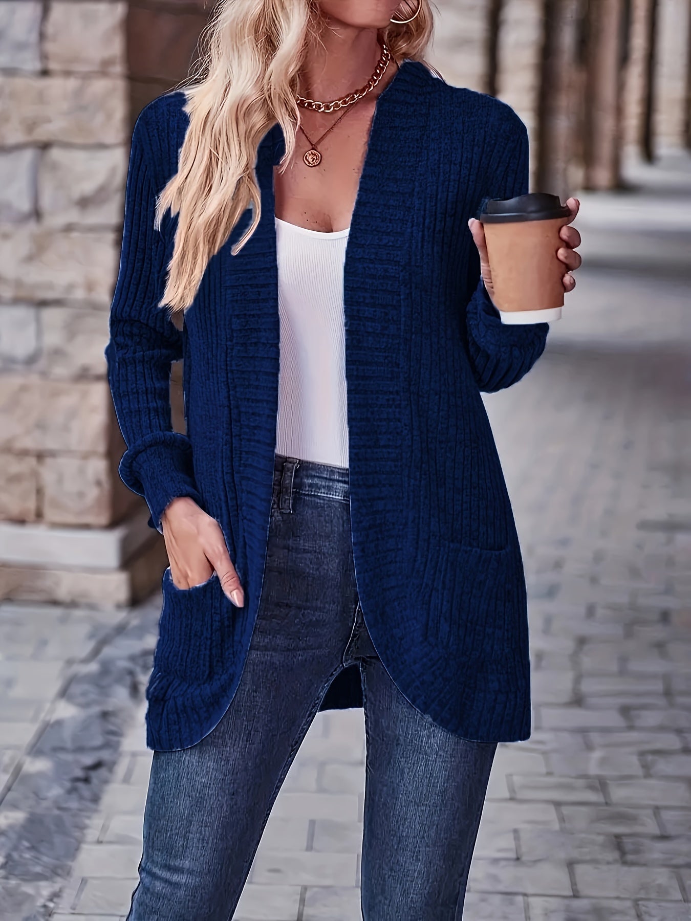 Solid Color Open Front Cardigan with Pockets - Versatile Long Sleeve