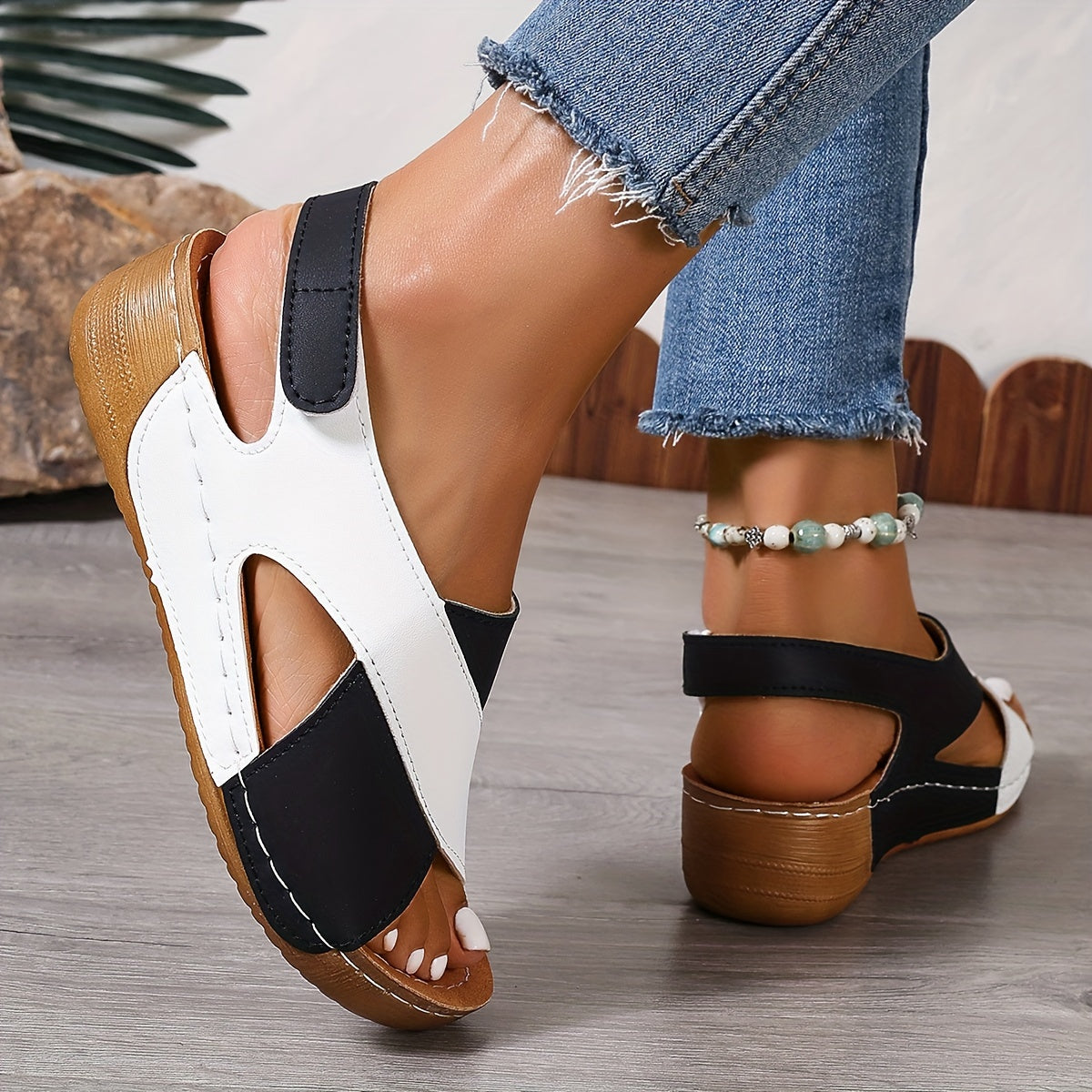 Contrast Color Wedge Sandals for Women - Peep Toe Slingback with Soft Sole