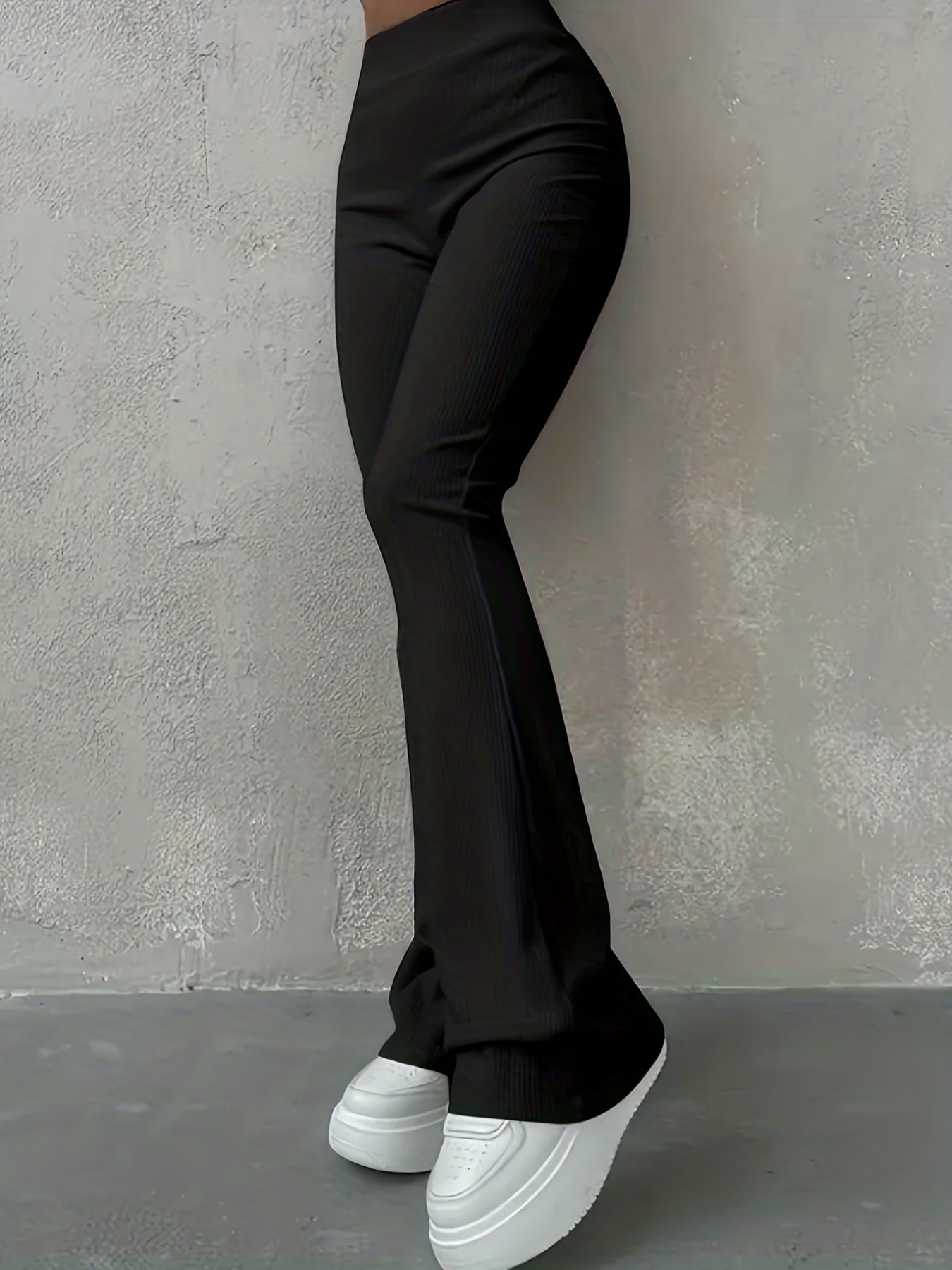 High Waist Slim Elastic Solid Ribbed Flare Leg Pants for Women Eye Catching Short Length Casual Style